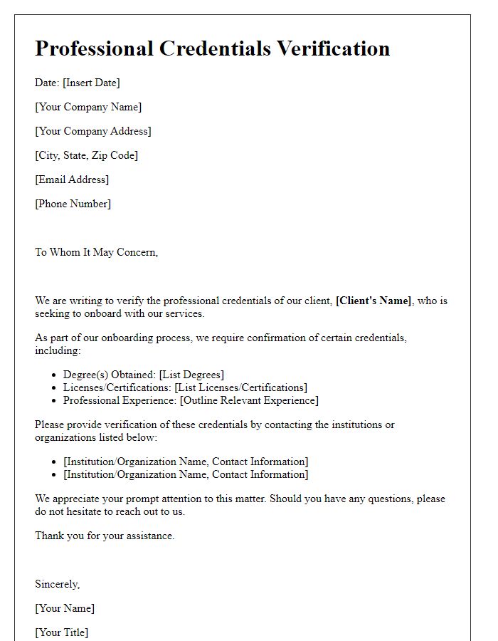 Letter template of professional credentials verification for client onboarding