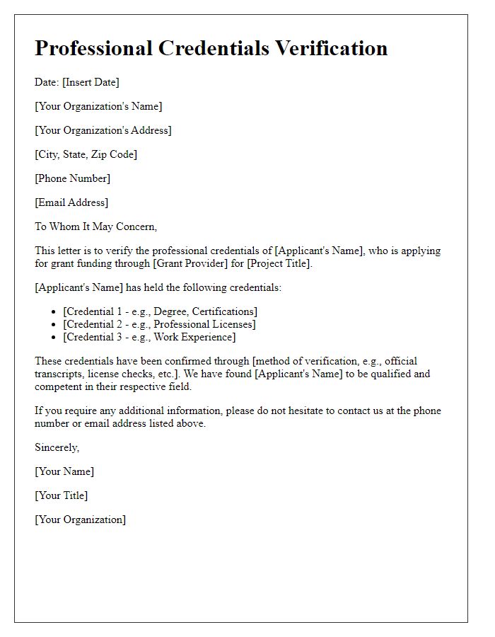 Letter template of professional credentials verification for grant applications