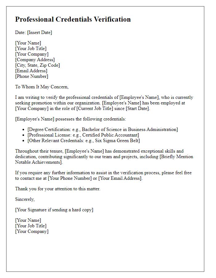 Letter template of professional credentials verification for job promotions