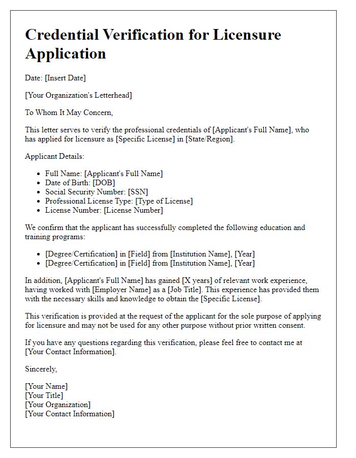 Letter template of professional credentials verification for licensure application