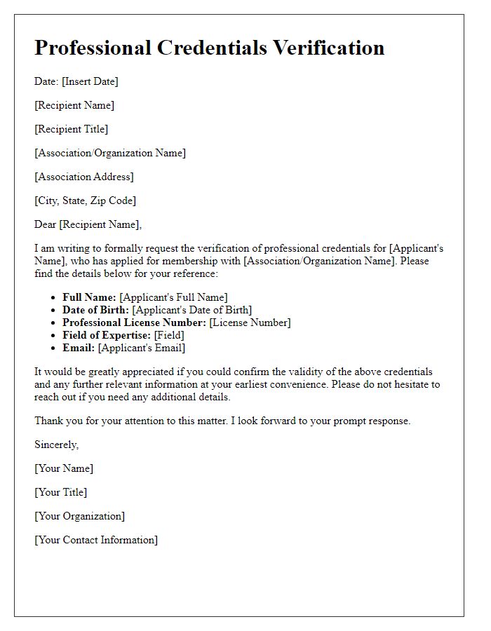 Letter template of professional credentials verification for professional associations