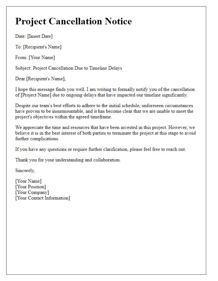 Letter template of project cancellation because of timeline delays