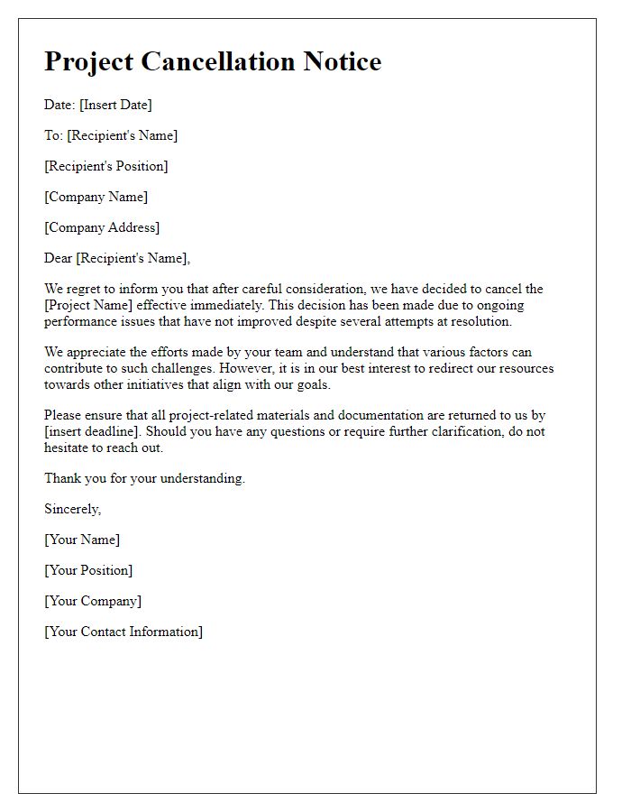 Letter template of project cancellation due to performance issues