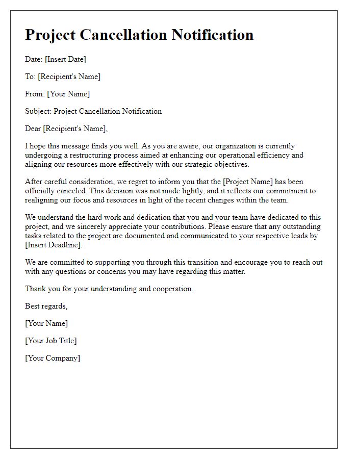 Letter template of project cancellation following team restructuring