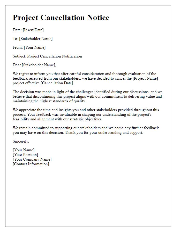 Letter template of project cancellation linked to stakeholder feedback