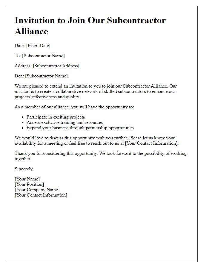 Letter template of subcontractor alliance invitation