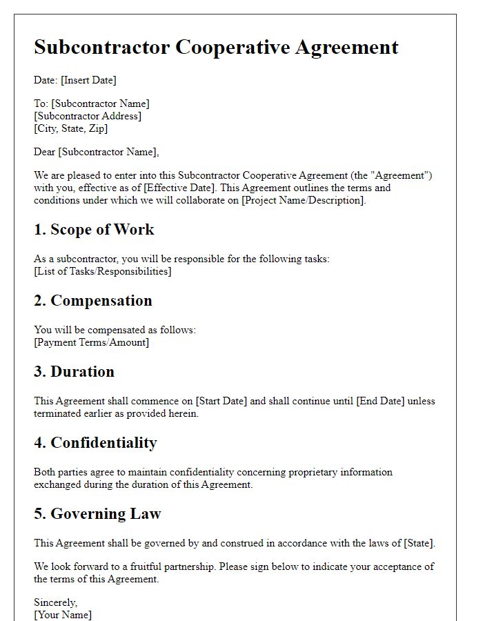 Letter template of subcontractor cooperative agreement