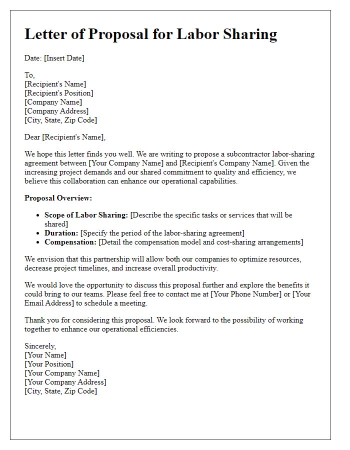 Letter template of subcontractor labor-sharing proposal