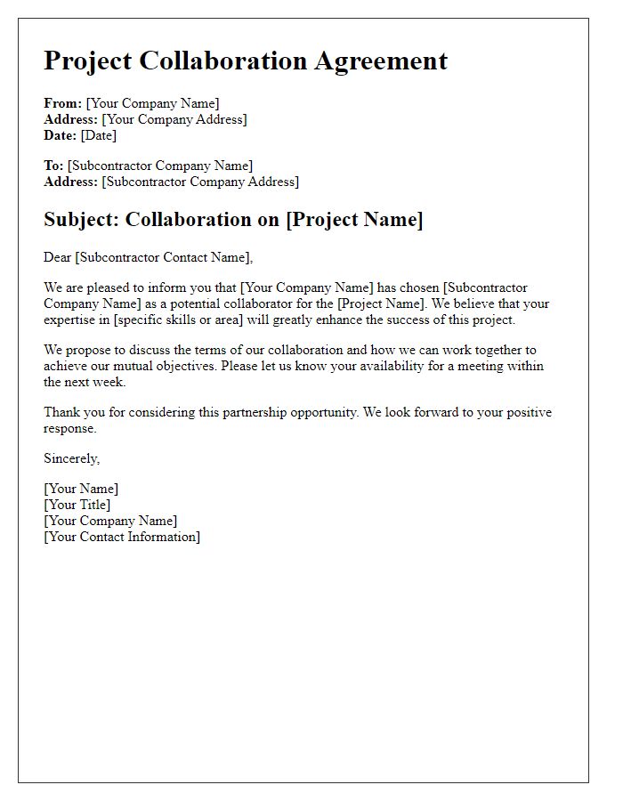 Letter template of subcontractor project collaboration