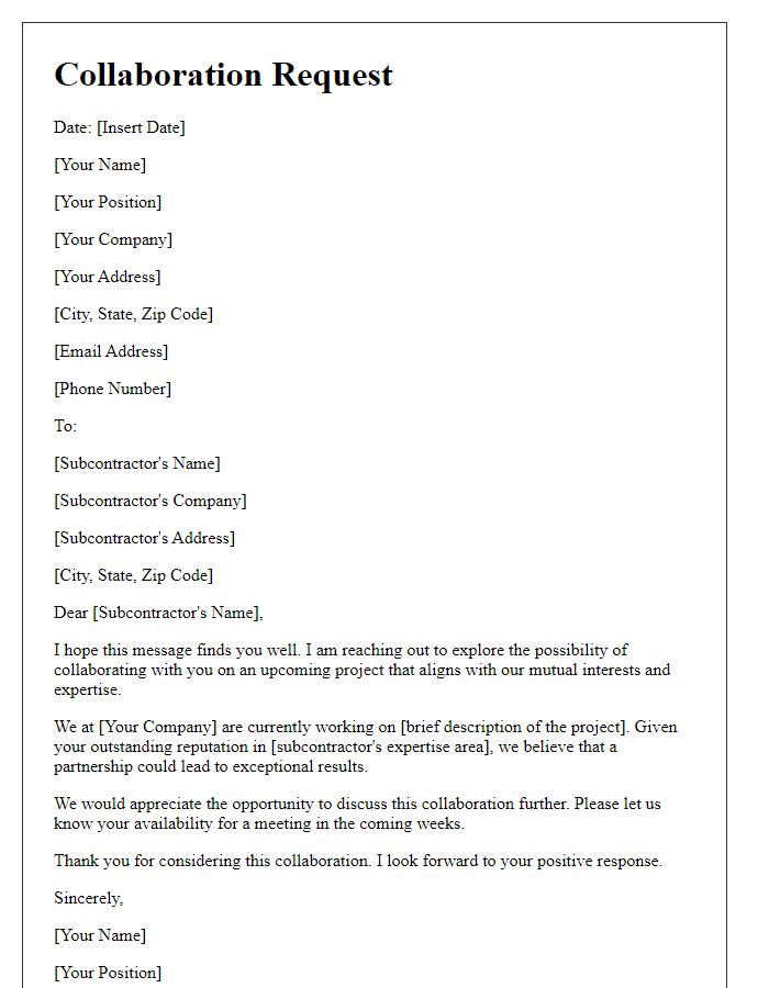 Letter template of subcontractor service collaboration request