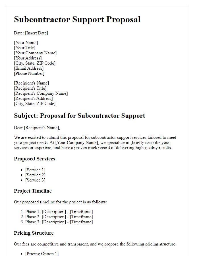 Letter template of subcontractor support proposal