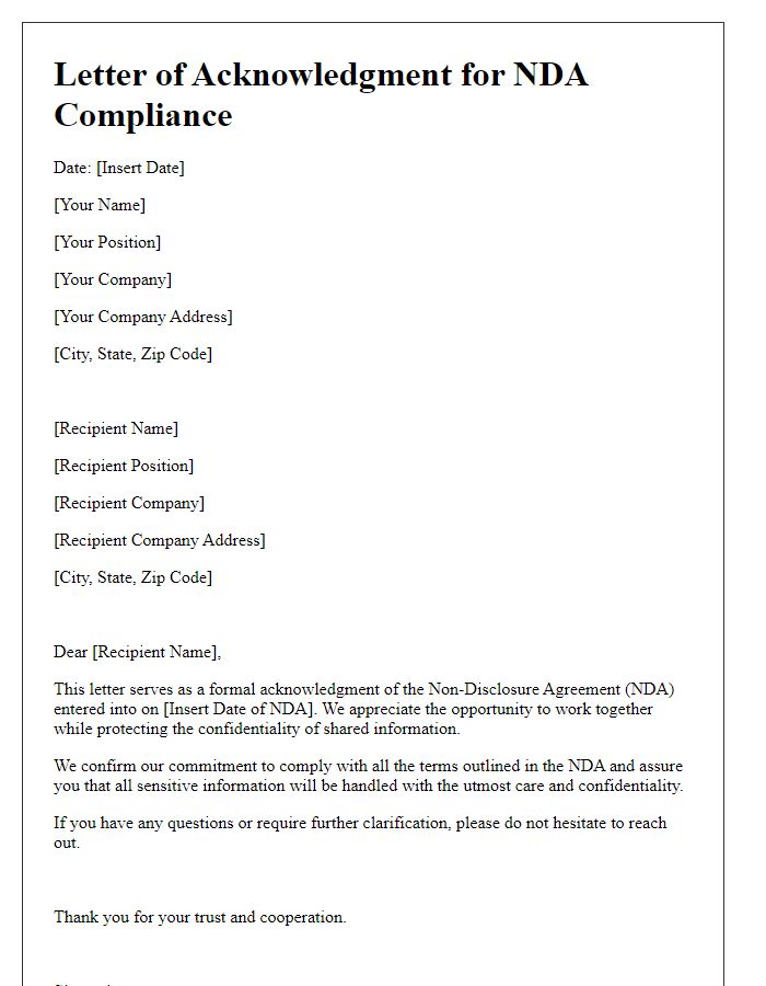 Letter template of acknowledgment for NDA compliance