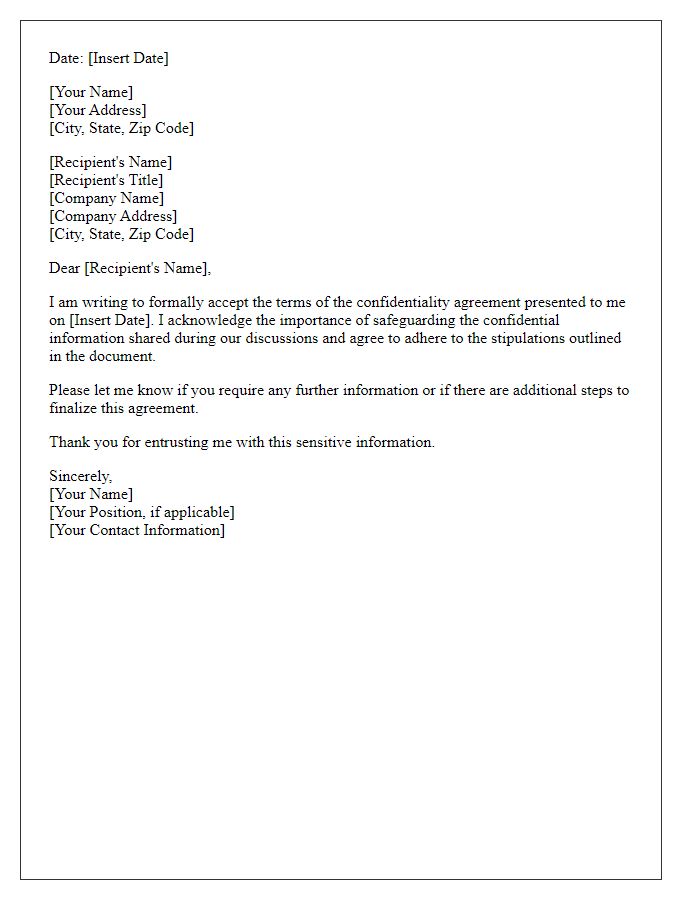 Letter template of confidentiality agreement acceptance