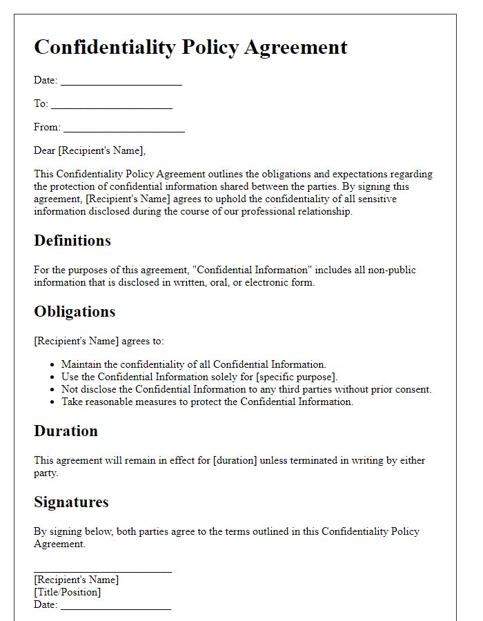 Letter template of Confidentiality Policy Agreement