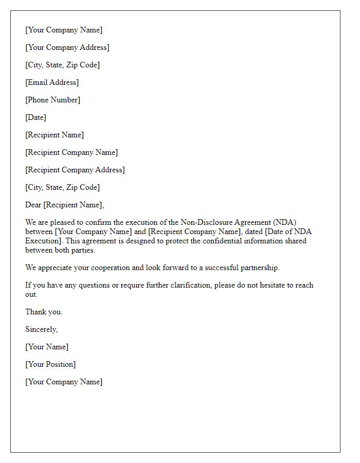 Letter template of confirmation of NDA execution