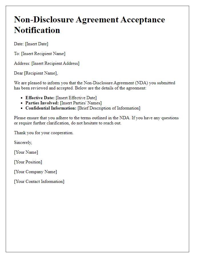 Letter template of NDA Acceptance Notification