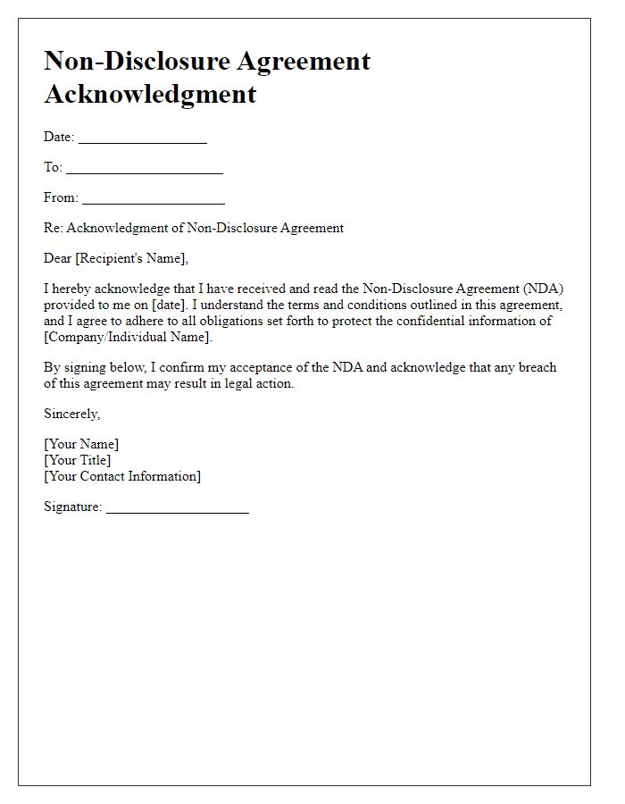 Letter template of non-disclosure agreement acknowledgment