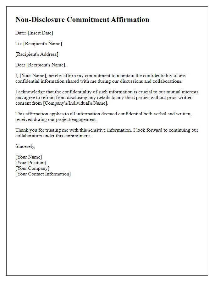 Letter template of Non-Disclosure Commitment Affirmation