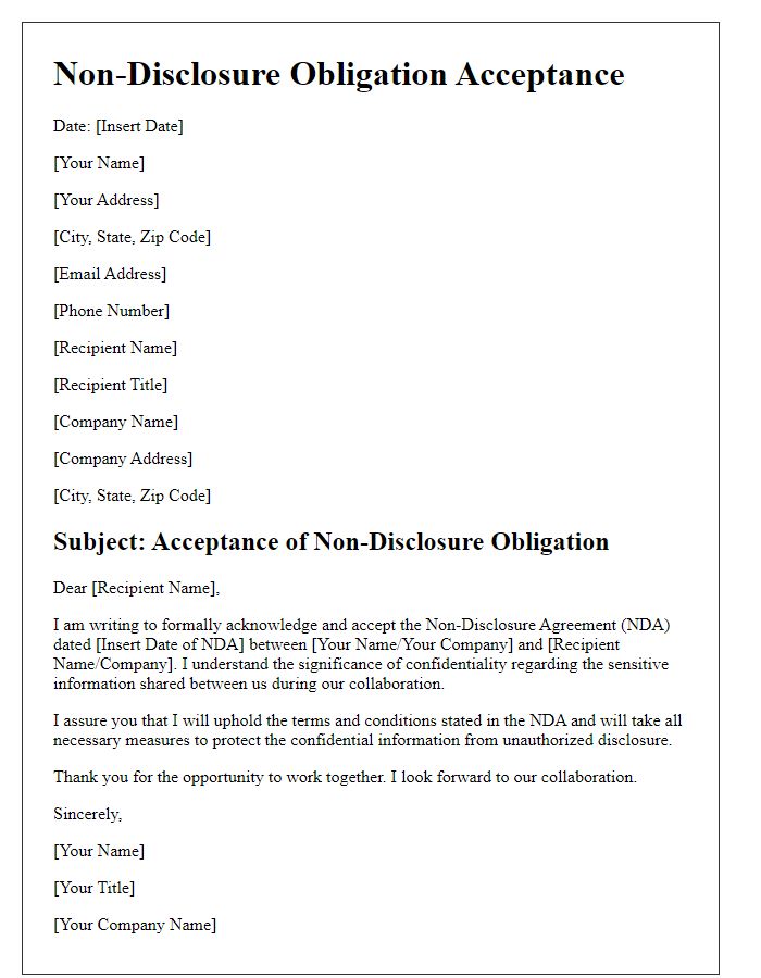 Letter template of Non-Disclosure Obligation Acceptance