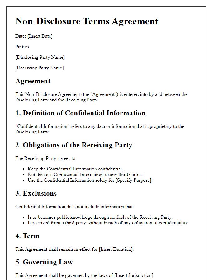 Letter template of non-disclosure terms agreement