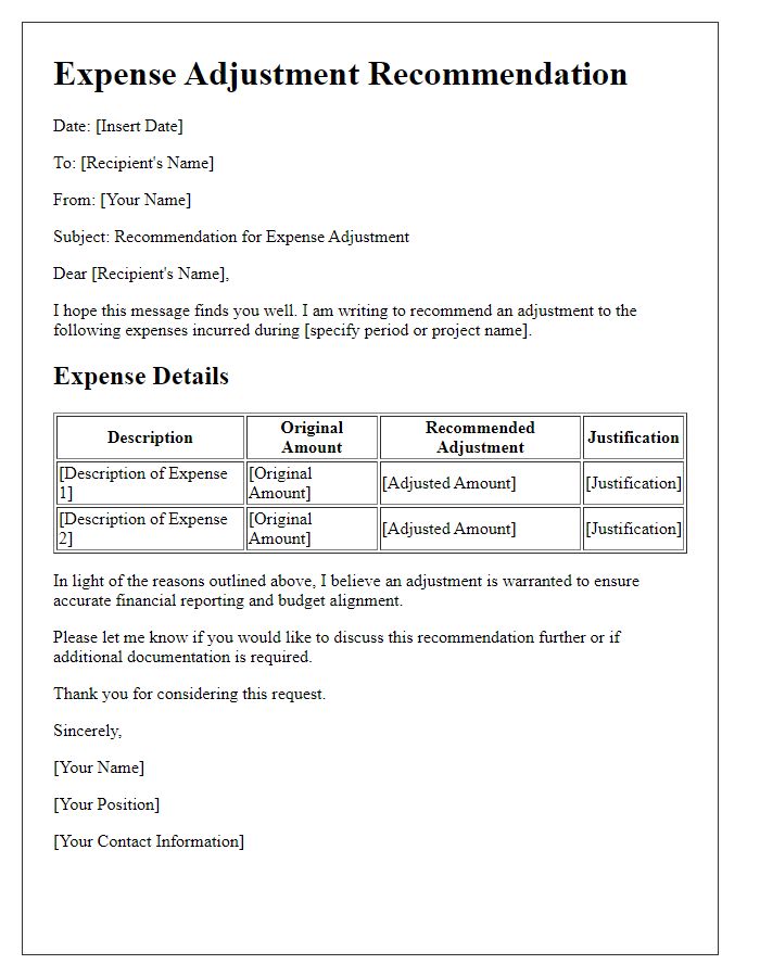 Letter template of expense adjustment recommendation