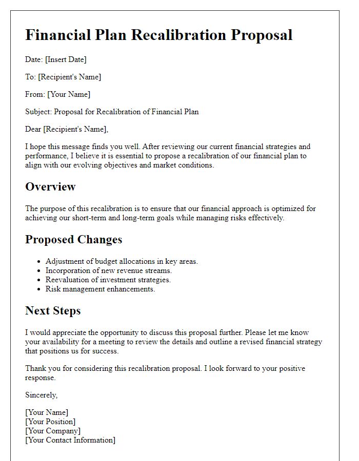 Letter template of financial plan recalibration proposal