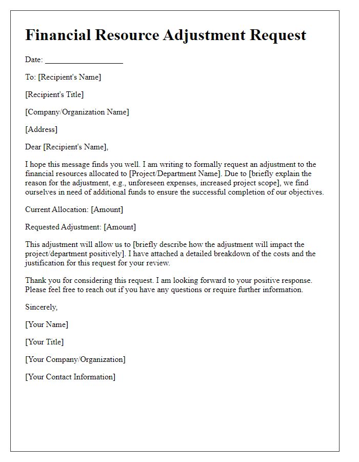 Letter template of financial resource adjustment request