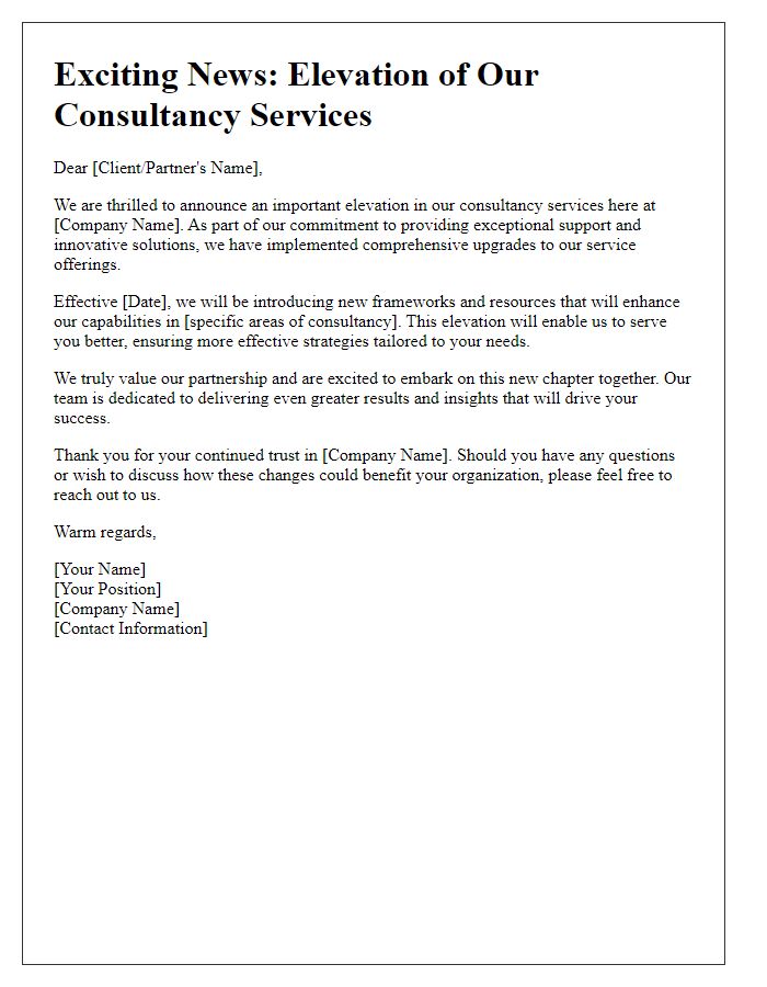 Letter template of consultancy service elevation announcement