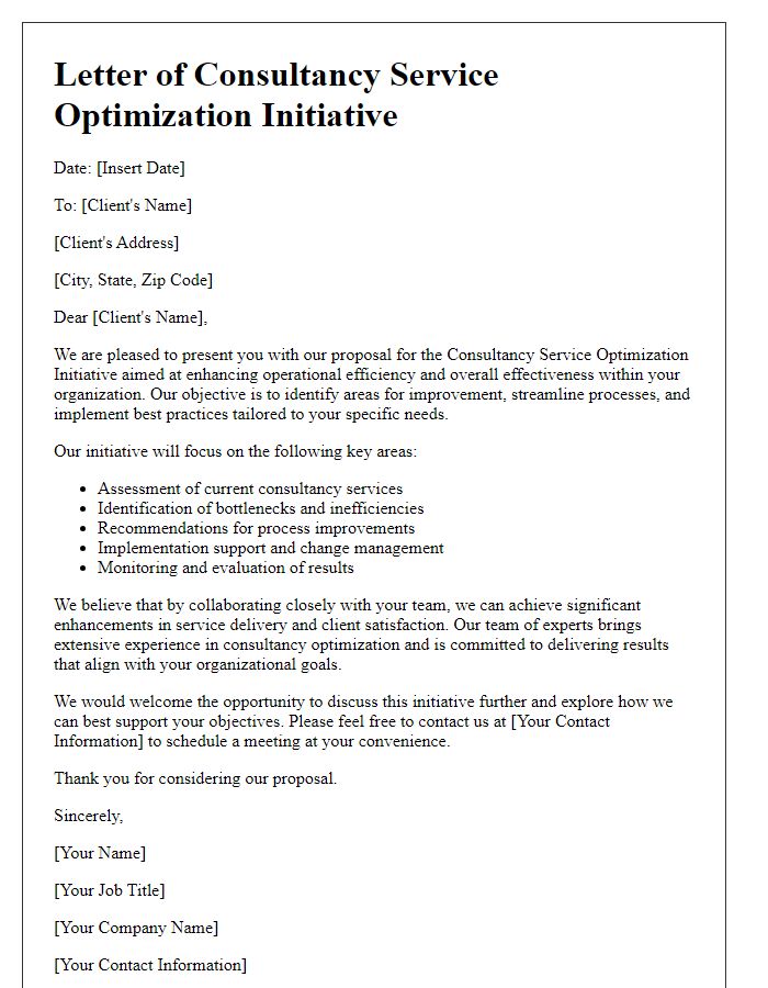 Letter template of consultancy service optimization initiative