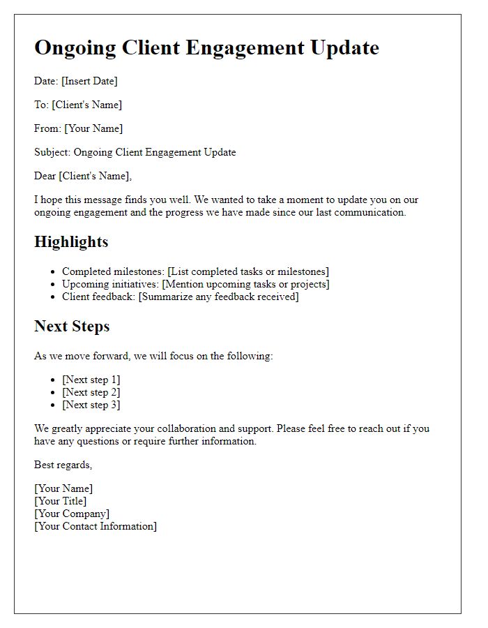 Letter template of Ongoing Client Engagement Update