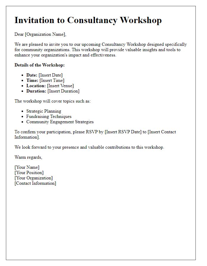 Letter template of consultancy workshop invitation for community organizations.