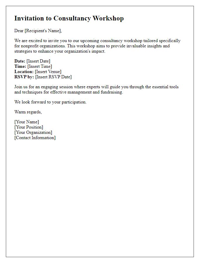 Letter template of consultancy workshop invitation for nonprofit organizations.