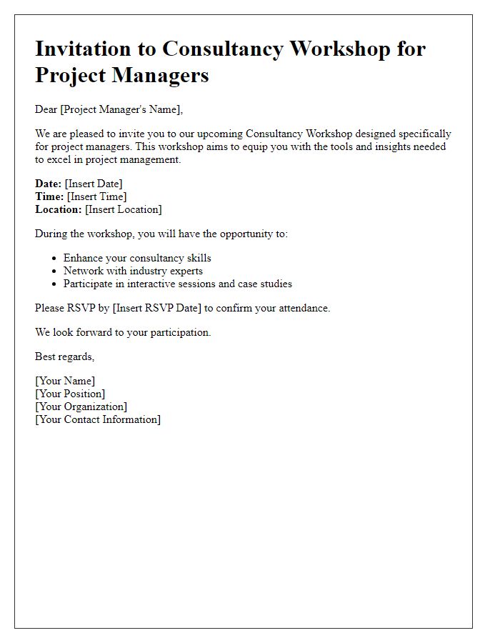 Letter template of consultancy workshop invitation for project managers.