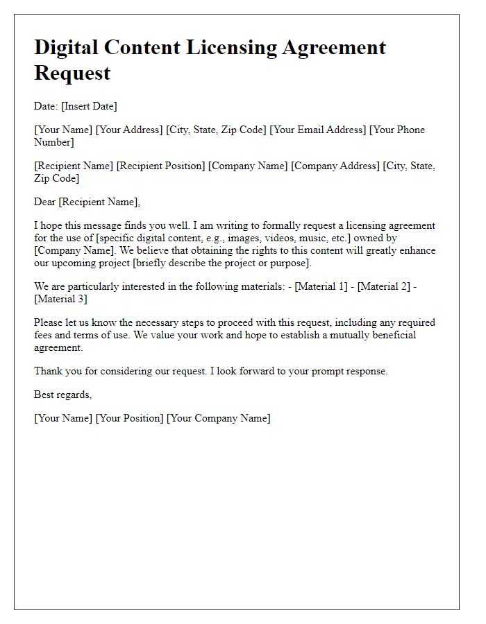 Letter template of digital content licensing agreement request