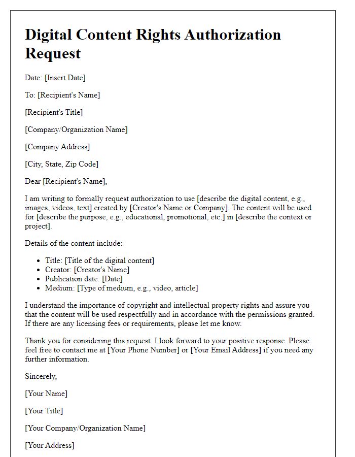 Letter template of digital content rights authorization request