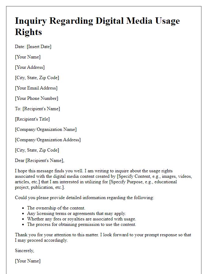 Letter template of digital media usage rights inquiry