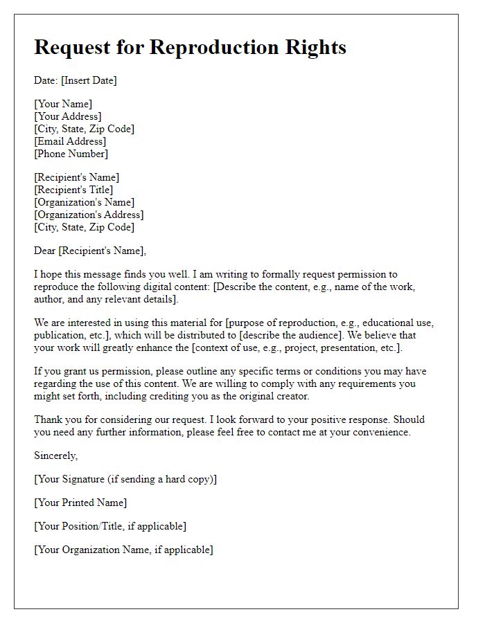 Letter template of formal request for digital content reproduction rights