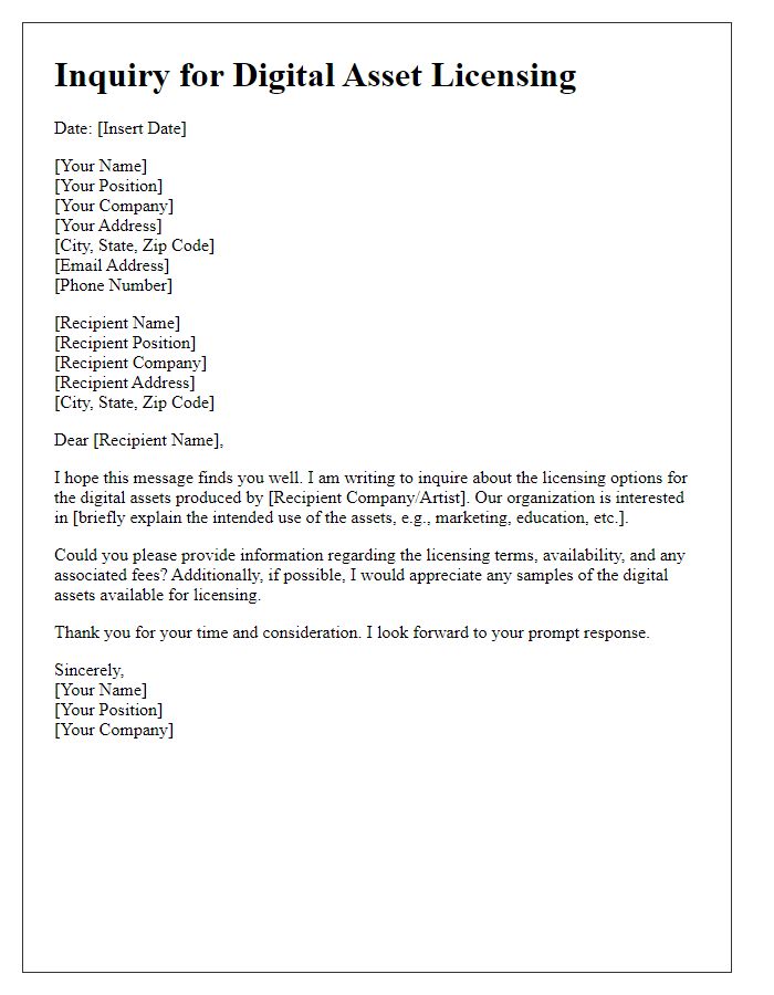 Letter template of inquiry for digital asset licensing