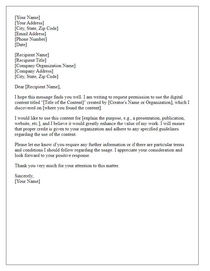 Letter template of request for permission to use digital content