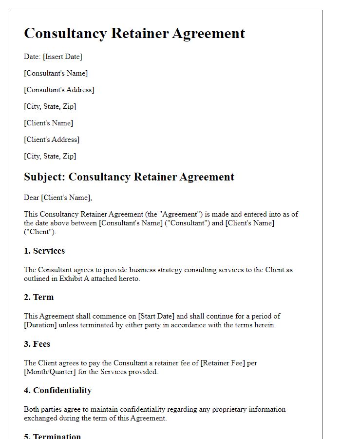 Letter template of consultancy retainer agreement for business strategy