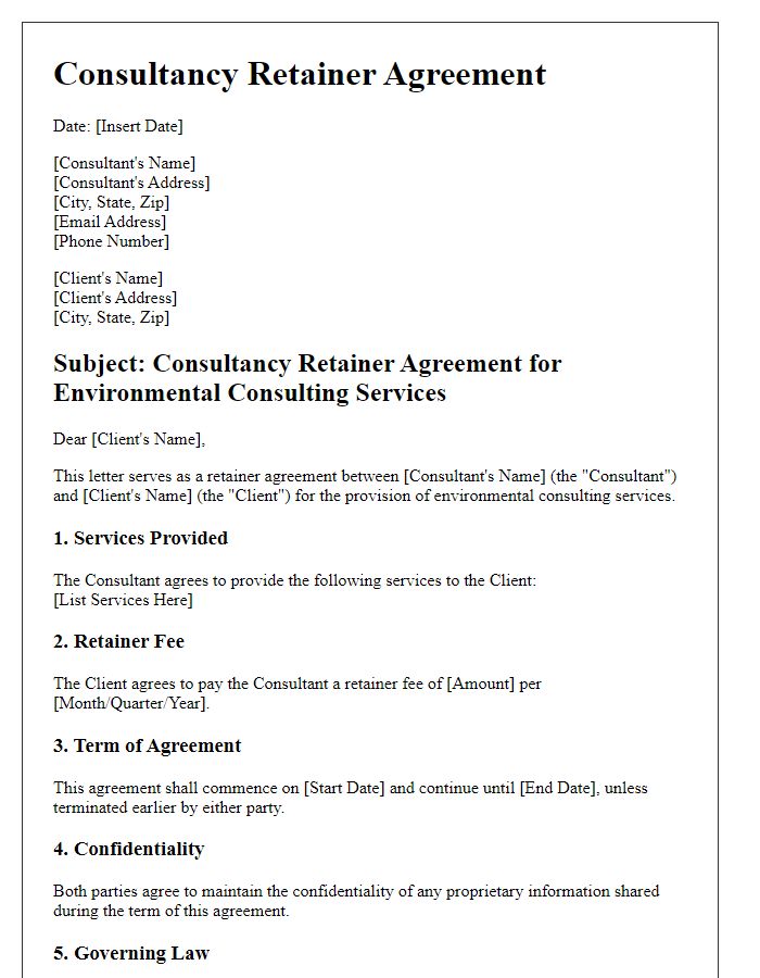 Letter template of consultancy retainer agreement for environmental consulting