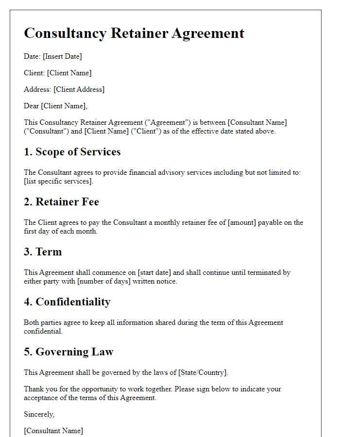 Letter template of consultancy retainer agreement for financial advisory