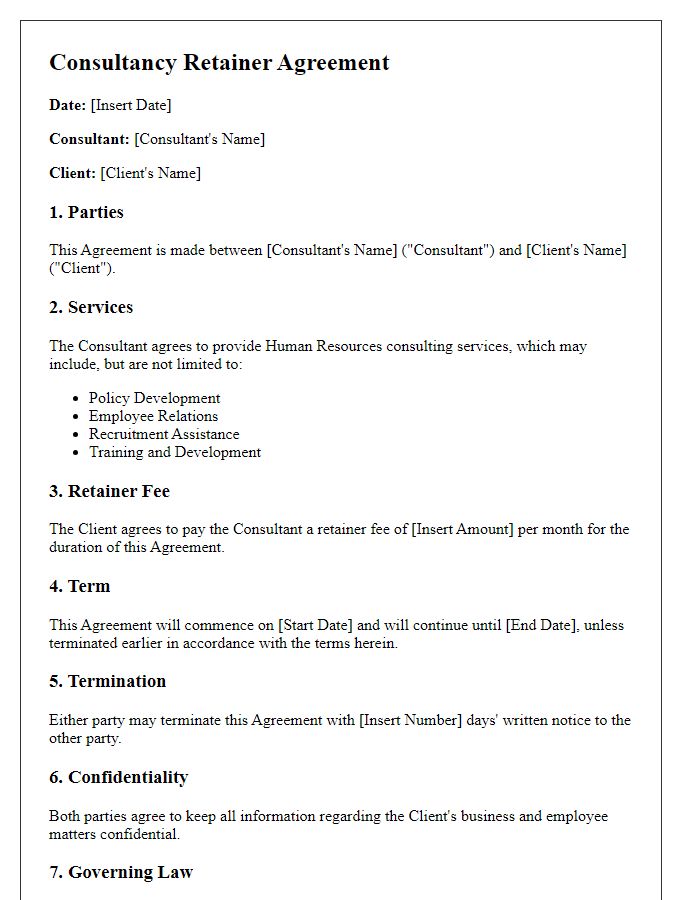 Letter template of consultancy retainer agreement for human resources consulting