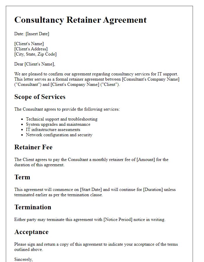 Letter template of consultancy retainer agreement for IT support