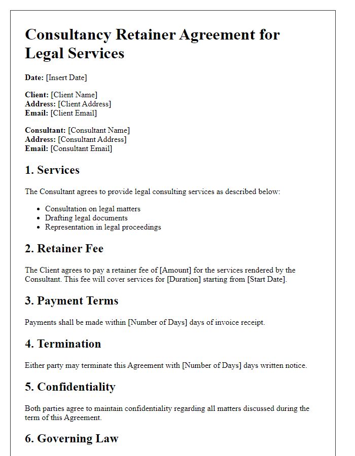 Letter template of consultancy retainer agreement for legal services