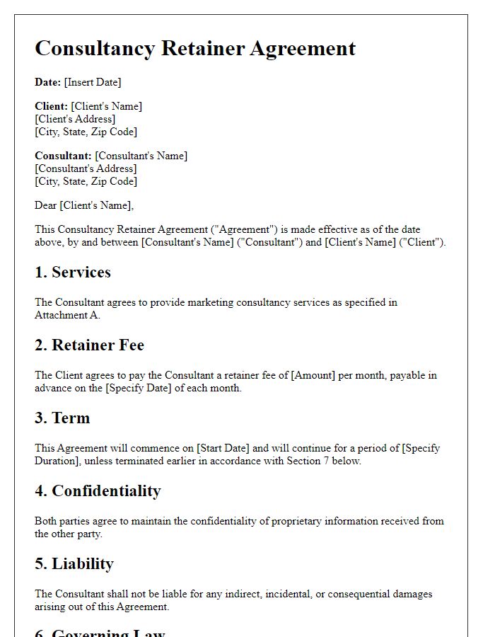 Letter template of consultancy retainer agreement for marketing services