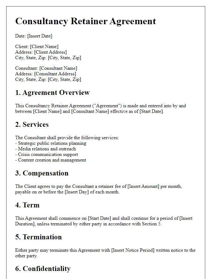 Letter template of consultancy retainer agreement for public relations