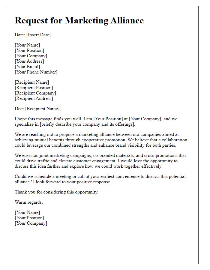 Letter template of marketing alliance request for cooperative promotion