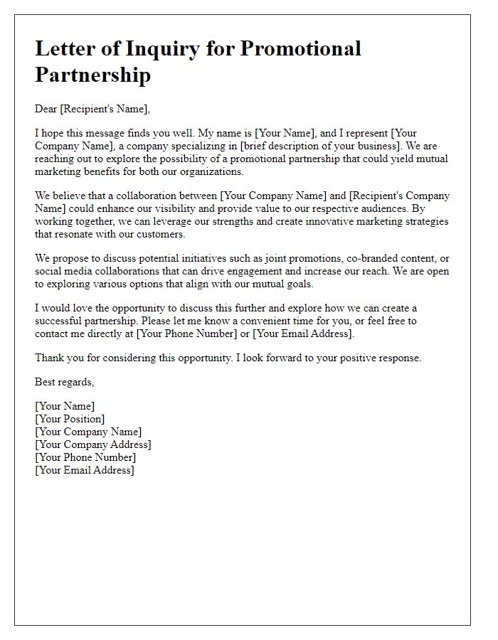 Letter template of promotional partnership inquiry for mutual marketing benefits