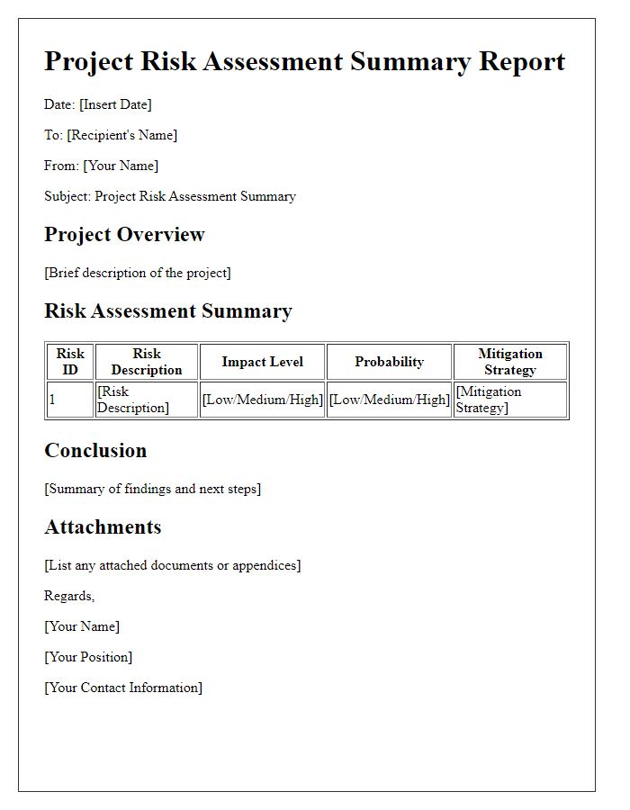 Letter template of project risk assessment summary report